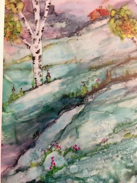 Alcohol Ink Birch Landscape Painting on Yupo Paper Unframed in 8″x10″ Matt and protected with plastic sleeve. Painting size 5″x7″ picture