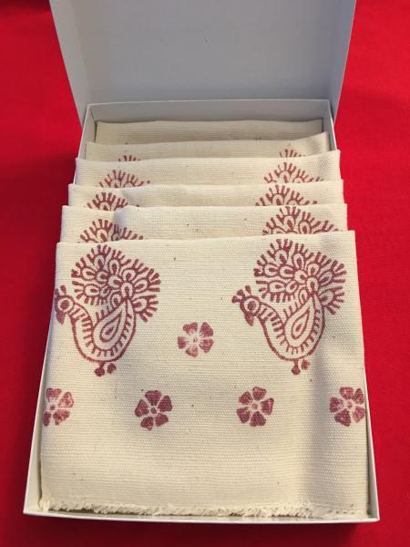 Hand printed table napkins with Indian floral wood block print picture
