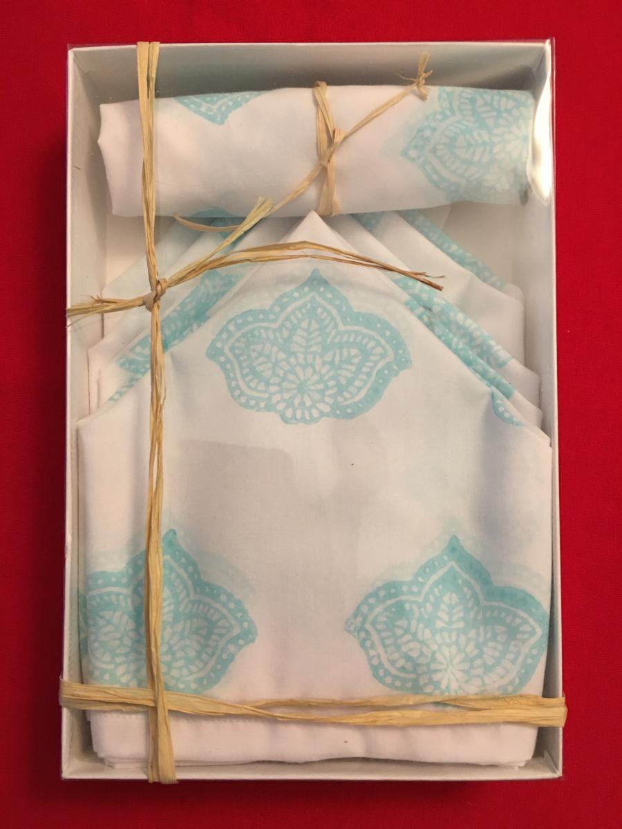 Hand printed table napkins with Indian floral wood block print picture