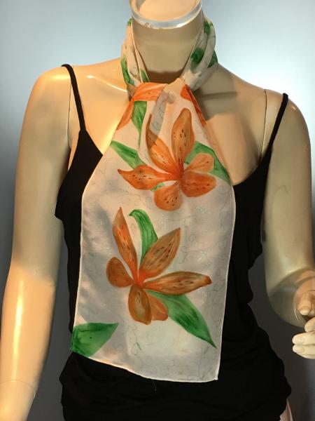 Hand Painted Orange Day Lilies on Crepe de Chine scarf picture