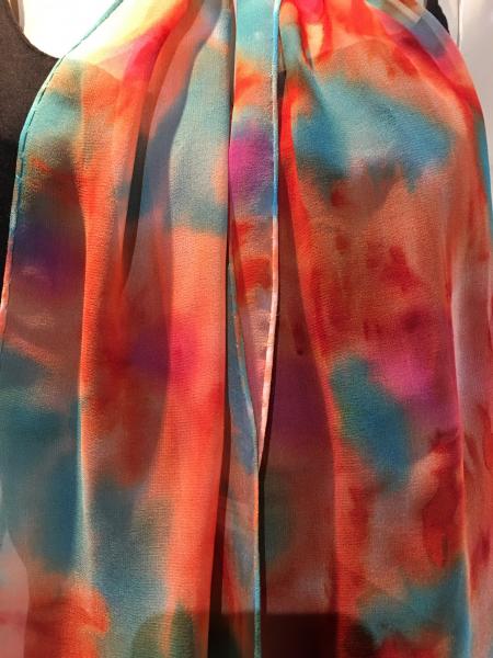 Hand Painted Crepe de Chine scarf in orange, red, turquoise abstract design