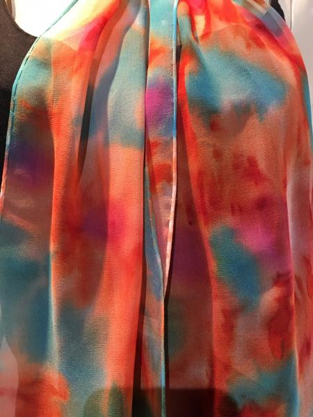 Hand Painted Crepe de Chine scarf in orange, red, turquoise abstract design picture