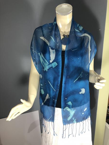 Hand Painted sheer silk with tassels batik technique on blue background picture