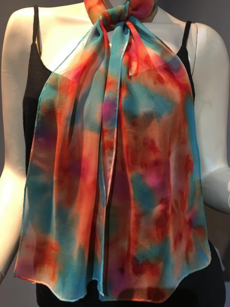 Hand Painted Crepe de Chine scarf in orange, red, turquoise abstract design picture