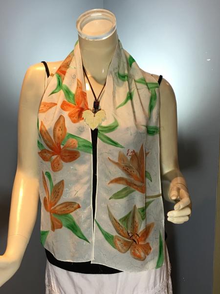 Hand Painted Orange Day Lilies on Crepe de Chine scarf picture