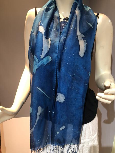 Hand Painted sheer silk with tassels batik technique on blue background