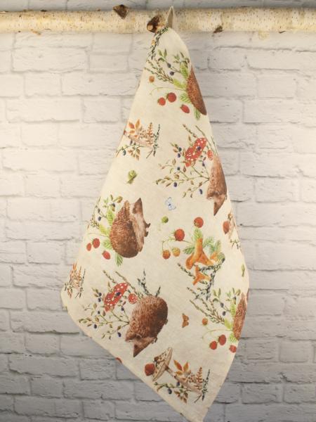 Linen Tea Towel  Watercolor Hedgehogs & Mushrooms