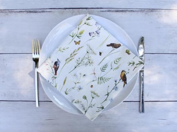 Linen napkins Watercolor Birds, Bees and Blooms Set of two picture