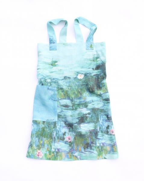 Linen cross back apron Claude Monet Water Lilies Light Blue