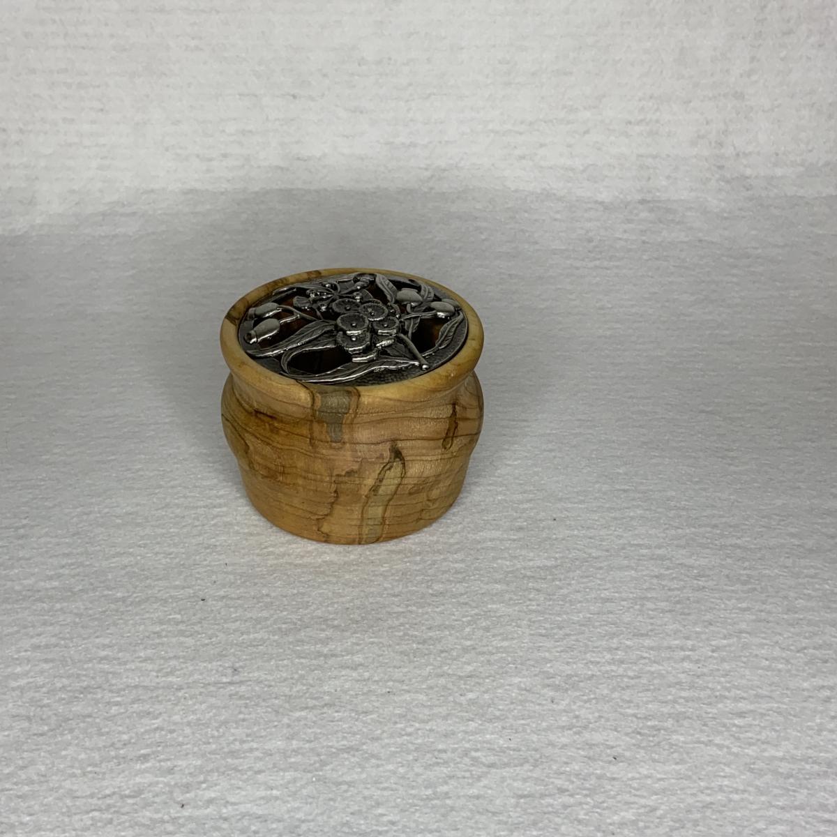 Hand turned wooden bowl from spalted Maple wood with pewter lid. picture