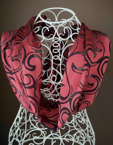 Silk rayon scarf Red with Black pattern