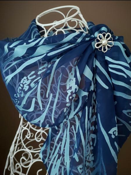 Silk rayon scarf Dark blue with light blue pattern