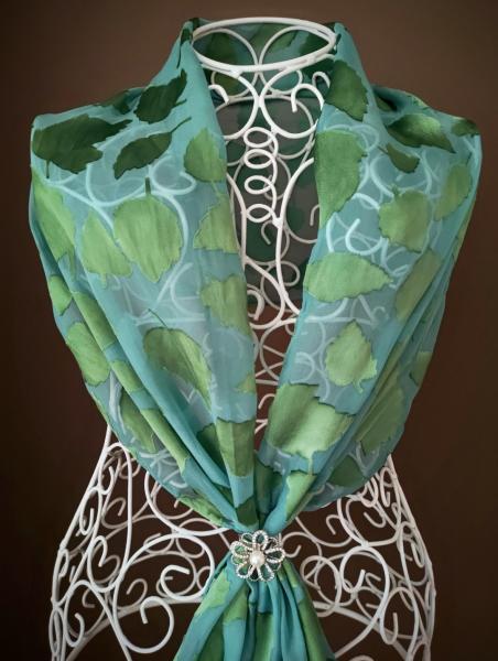 Silk rayon scarf Green leaves picture