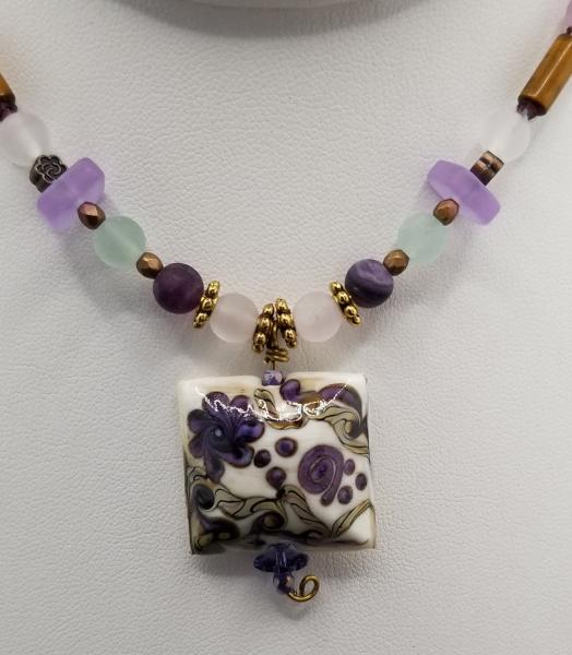 Purple Flowers in Ivory field Square pendant