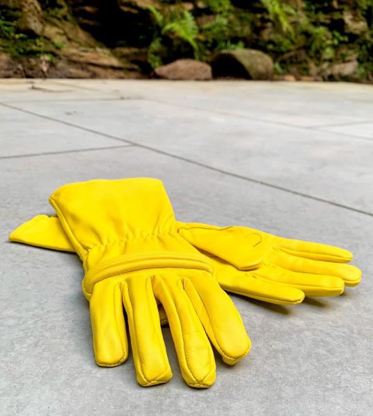 Leather gloves for Power Rangers Cosplay/Long gauntlet/Top grain cowhide/Yellow picture