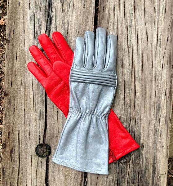 Rangers Dino Fury Gloves for Cosplay/Long gauntlet/Genuine Leather/Red&Silver picture
