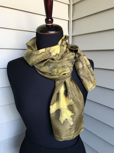 Bronze Habotai Silk Scarf with Oak and Maple Leaves and Sumac Berries.