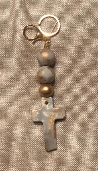 Beaded Cross Keychain - Grey/Gold picture