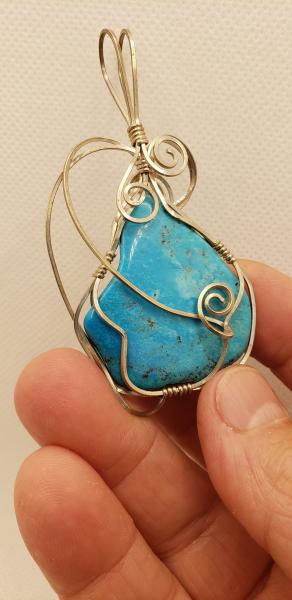 Wire wrapped Genuine Turquoise freeform pendant in sterling silver picture