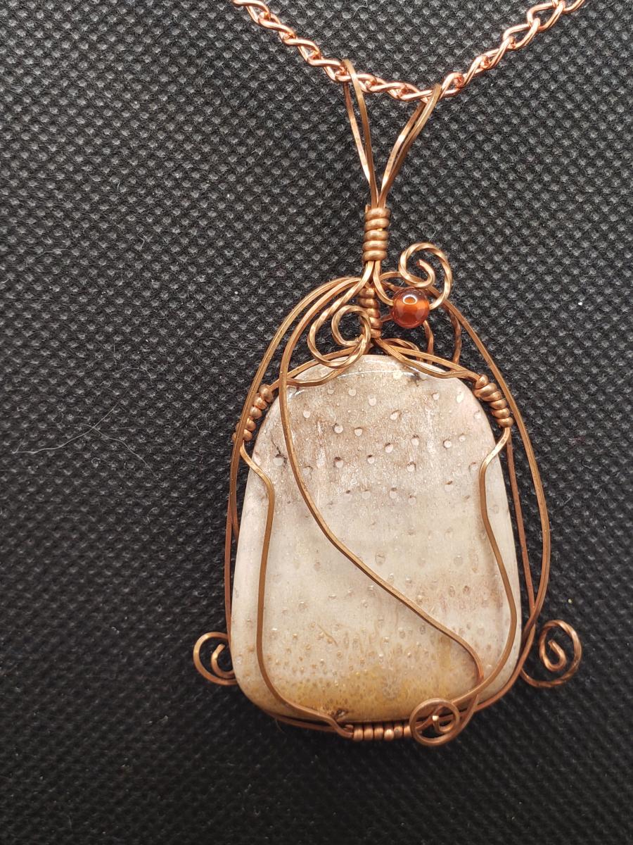 Wire wrapped Orbicular Jasper Pendant in copper picture