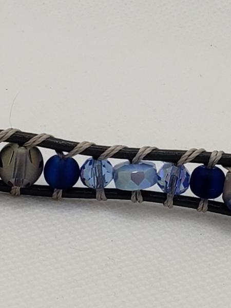 Gray Leather Bracelet with Blue glass beads picture