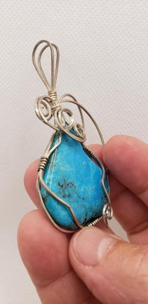 Wire wrapped Genuine Turquoise freeform pendant in sterling silver picture