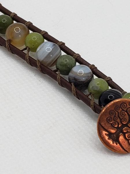 Brown Leather Bracelet with Greenish Agate beads picture