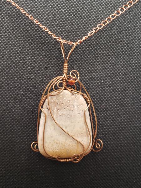 Wire wrapped Orbicular Jasper Pendant in copper picture