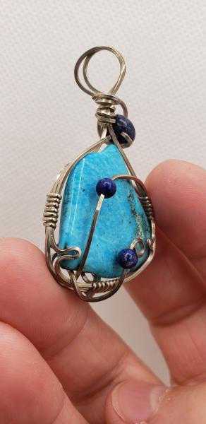 Wire wrapped Genuine Turquoise freeform pendant in sterling silver with Lapis beads picture