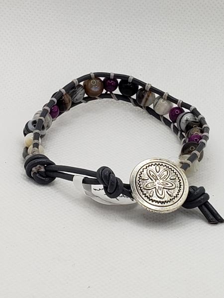 Gray Leather Bracelet with Agate and purple Riverstone beads picture