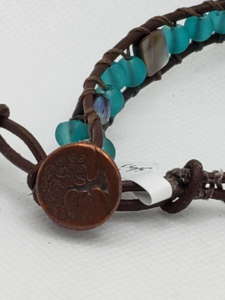 Brown Leather Bracelet with aqua sea glass and abalone shell beads picture