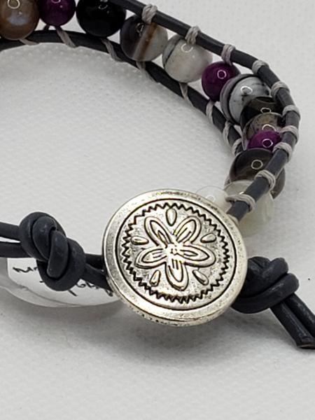 Gray Leather Bracelet with Agate and purple Riverstone beads picture