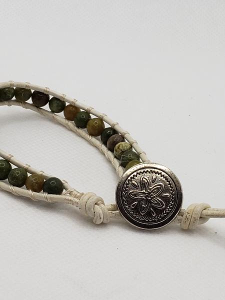 White Leather Bracelet with Jasper beads picture