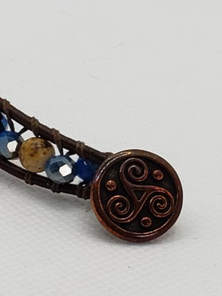 Brown Leather Bracelet with Picture Jasper and blue beads picture