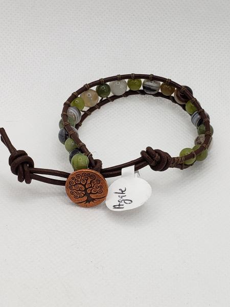 Brown Leather Bracelet with Greenish Agate beads