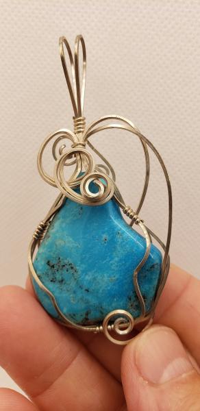 Wire wrapped Genuine Turquoise freeform pendant in sterling silver picture