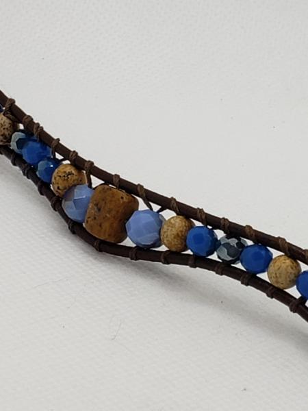 Brown Leather Bracelet with Picture Jasper and blue beads picture