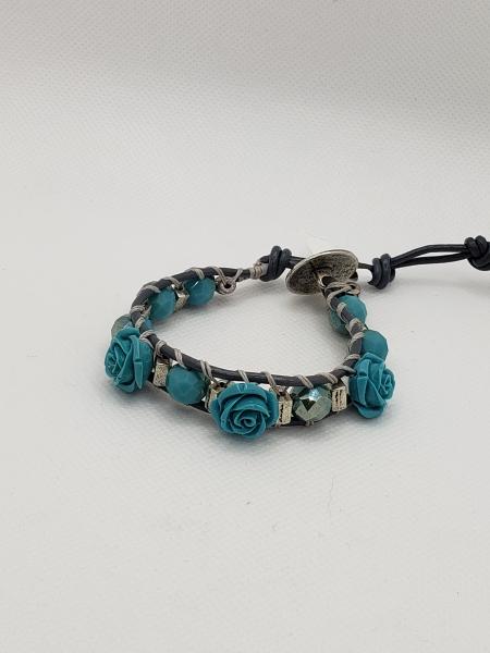 Blue flowers on Gray Leather Bracelet picture