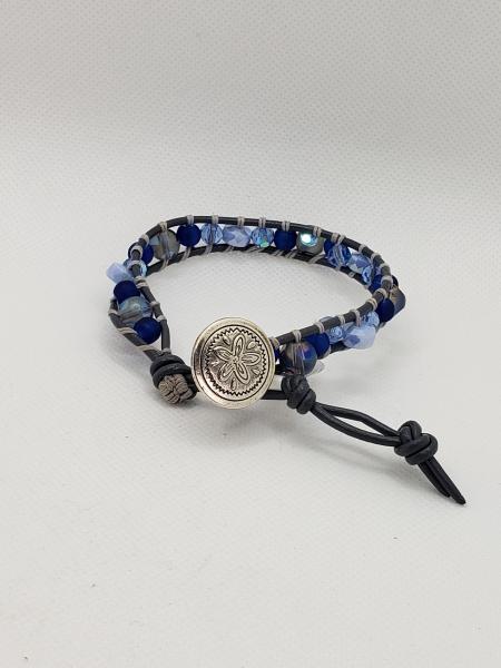 Gray Leather Bracelet with Blue glass beads picture