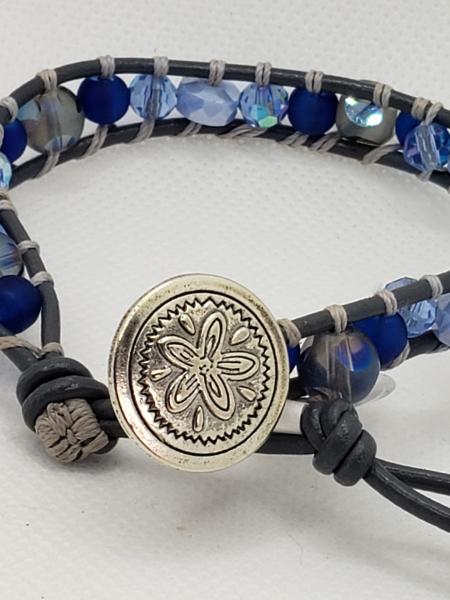 Gray Leather Bracelet with Blue glass beads picture