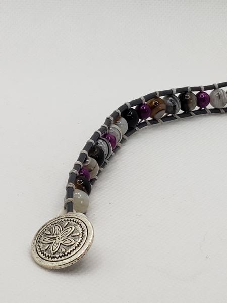 Gray Leather Bracelet with Agate and purple Riverstone beads picture