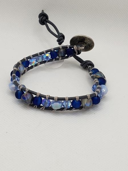 Gray Leather Bracelet with Blue glass beads picture