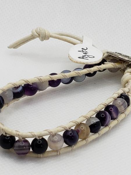 White Leather Bracelet with Purple Agate beads picture