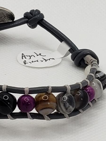 Gray Leather Bracelet with Agate and purple Riverstone beads picture