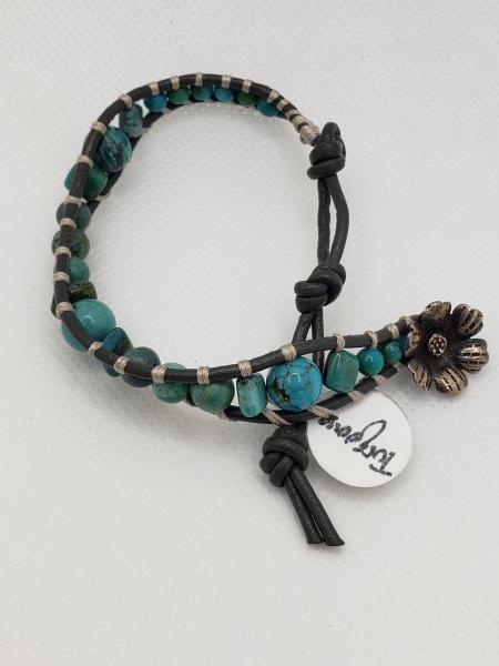 Leather Bracelet with Genuine Turquoise, gray leather picture