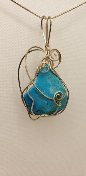 Wire wrapped Genuine Turquoise freeform pendant in sterling silver