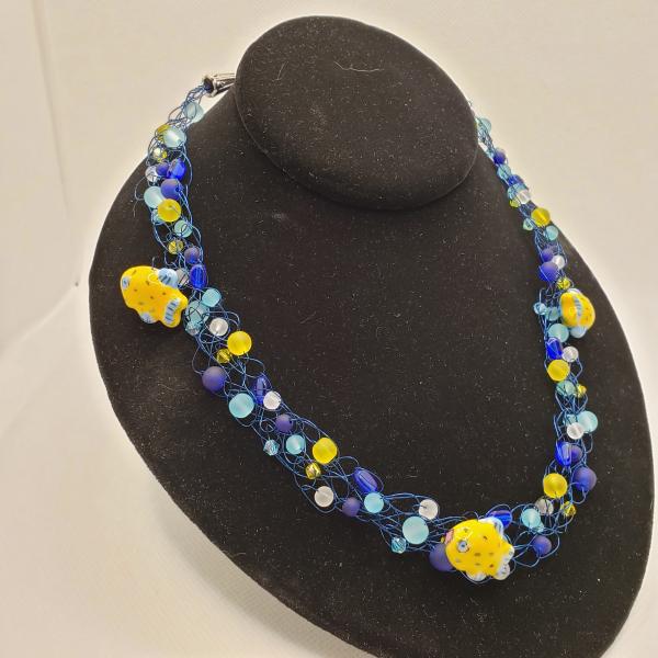 Yellow Fish Blue wire crochet necklace picture