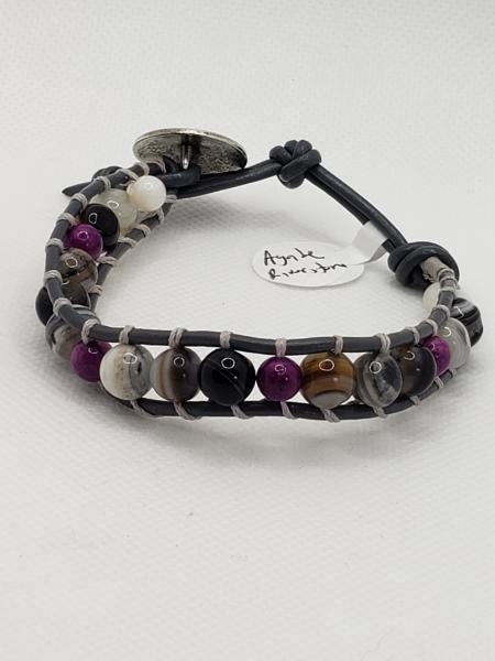 Gray Leather Bracelet with Agate and purple Riverstone beads picture