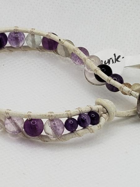 White Leather Bracelet with Fluorite beads picture