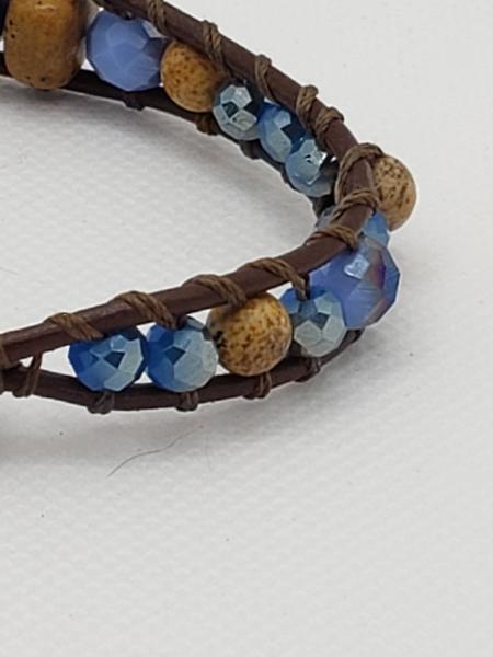 Brown Leather Bracelet with Picture Jasper and blue beads picture